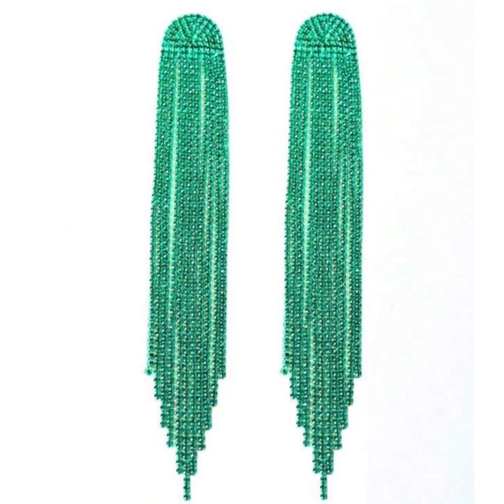 Green Rhinestone Long Tassel Earrings, NEW - Picture 2 of 3